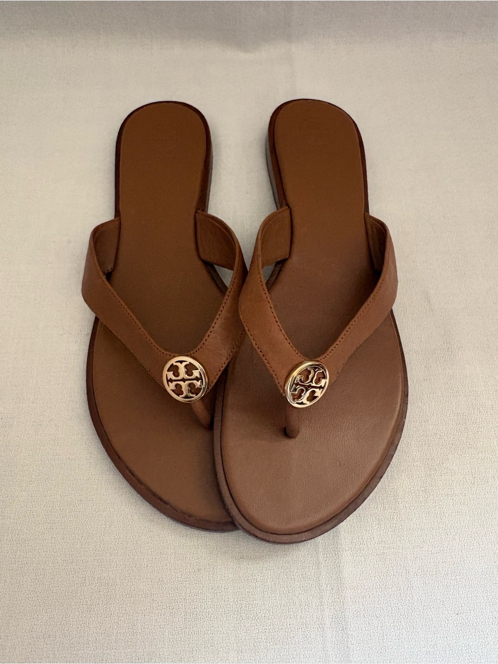 Tory Burch Brown Leather Logo Thong Sandals with Gold Emblem